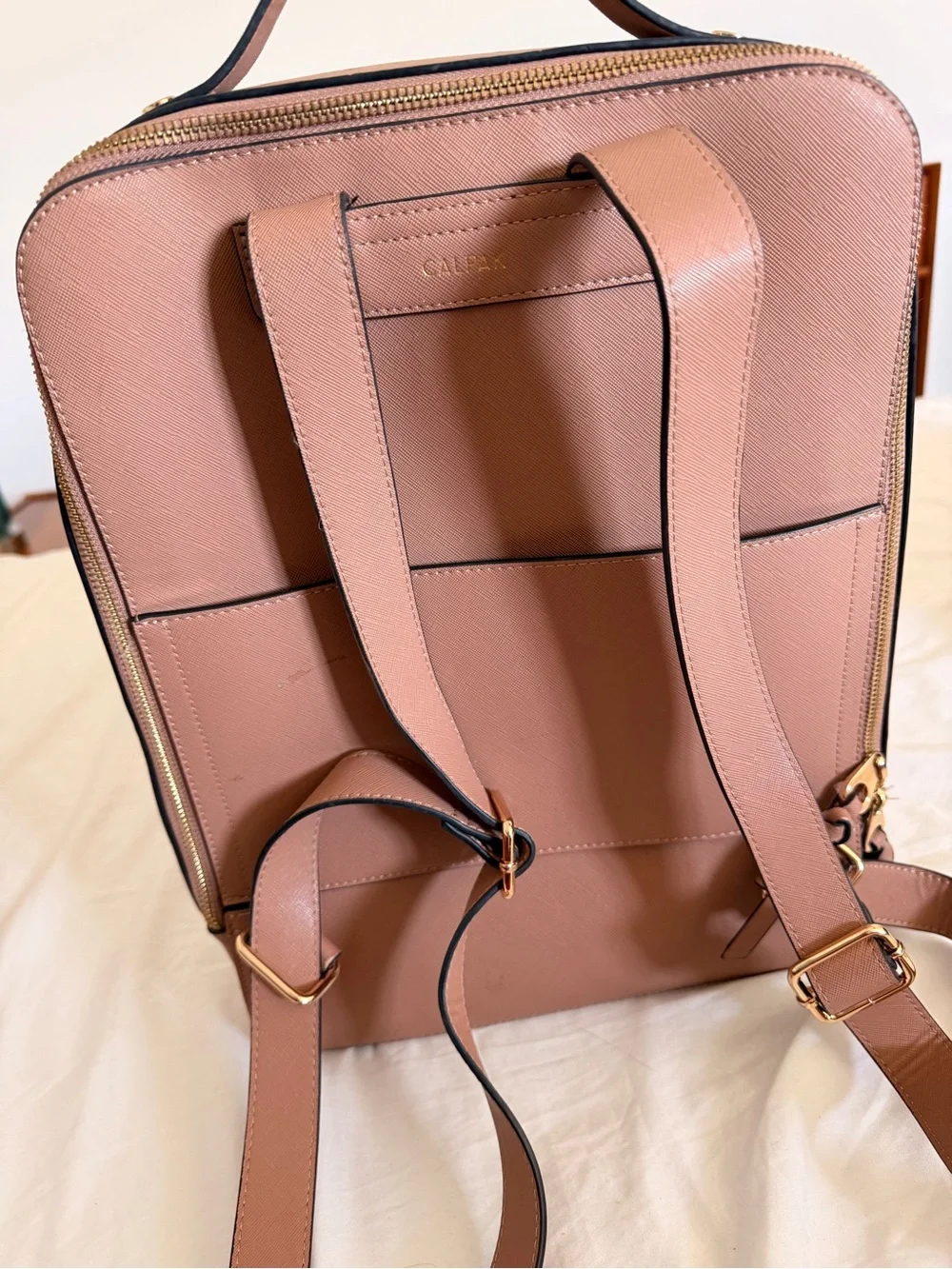 Calpak Dusty Rose Leather Backpack with Whipstitch Trim